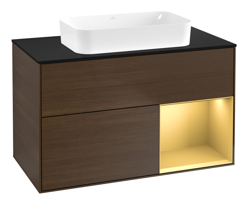 Тумба під раковину Villeroy & Boch Finion 100х50,1 см із підсвічуванням МДФ шпон волоського горіха/скло чорне матове G662HFGN