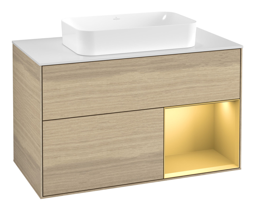 Тумба під раковину Villeroy & Boch Finion 100х50,1 см із підсвічуванням МДФ шпон дуба/скло біле матове G661HFPC