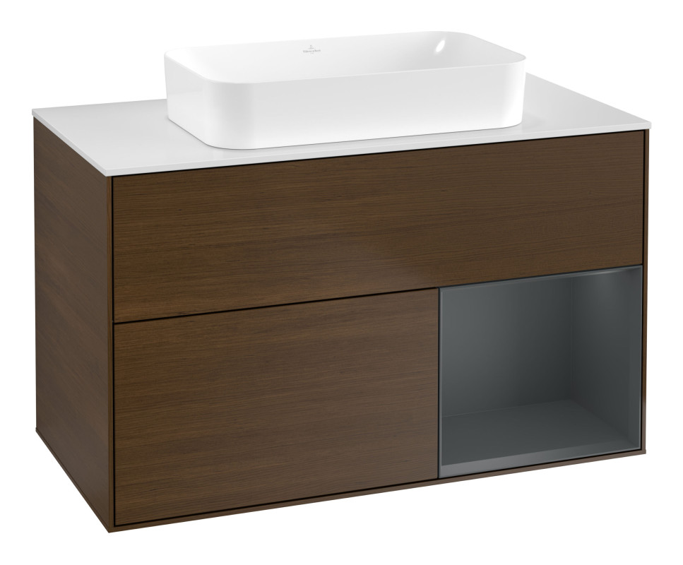 Тумба под раковину Villeroy & Boch Finion 100х50,1 см с подсветкой МДФ шпон грецкого ореха/стекло белое матовое G661HGGN
