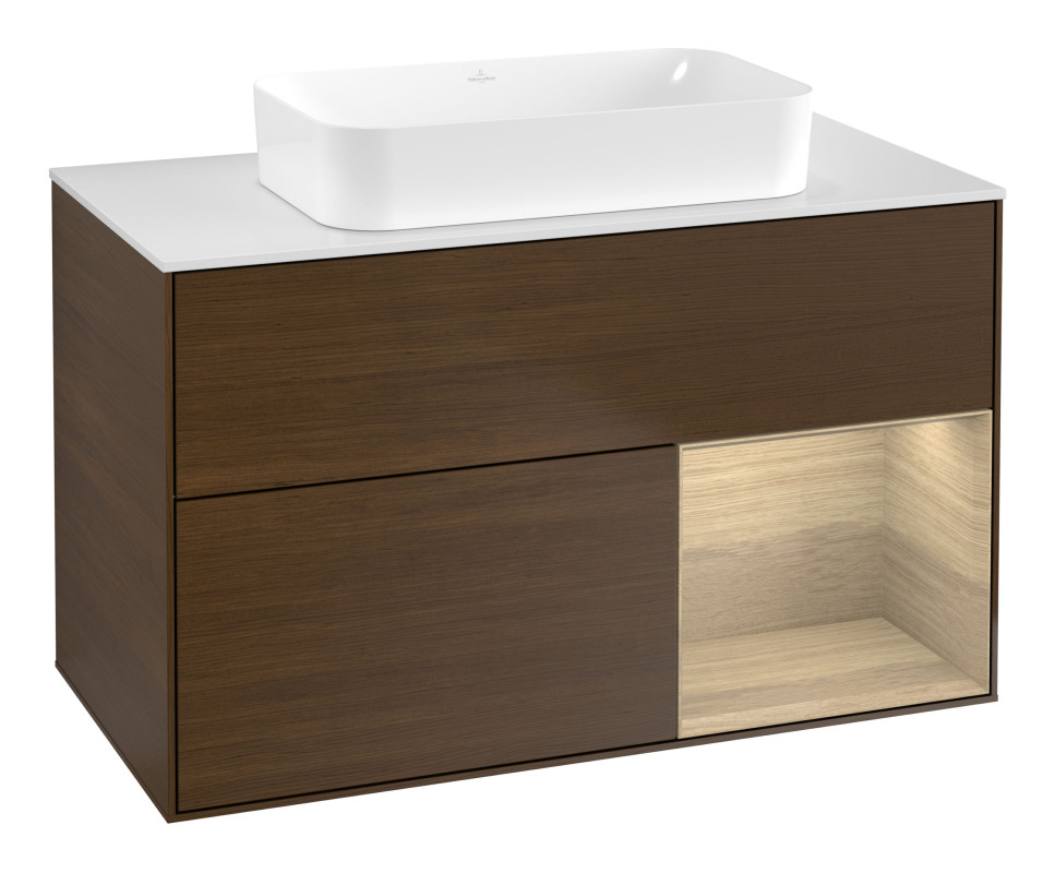 Тумба под раковину Villeroy & Boch Finion 100х50,1 см с подсветкой МДФ шпон грецкого ореха/стекло белое матовое G661PCGN