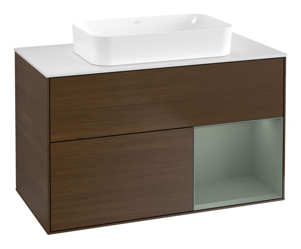 Тумба под раковину Villeroy & Boch Finion 100х50,1 см с подсветкой МДФ шпон грецкого ореха/стекло белое матовое G661GMGN