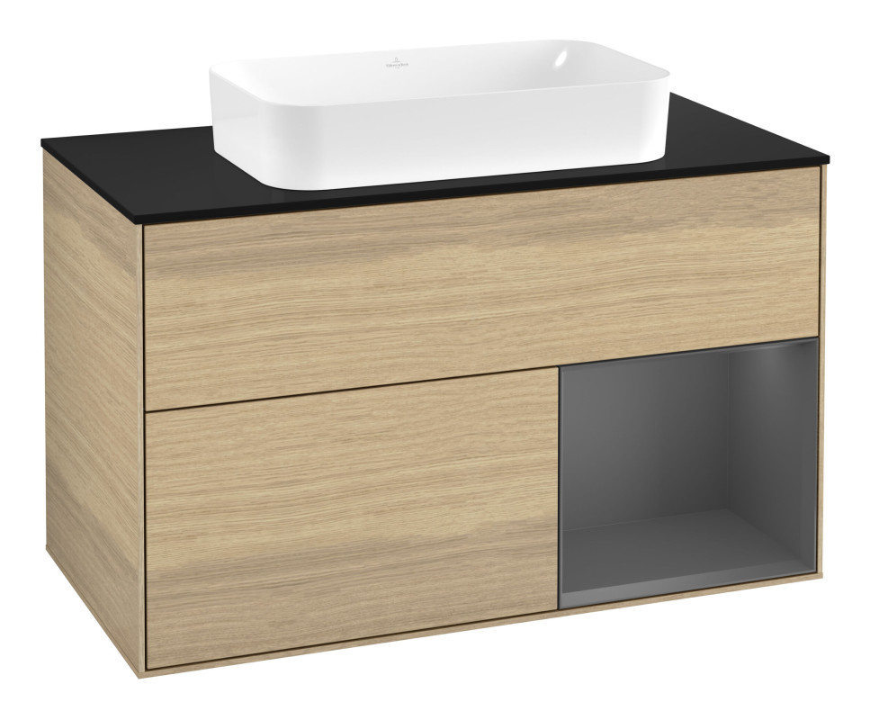 Тумба под раковину Villeroy & Boch Finion 100х50,1 см с подсветкой МДФ шпон дуба/стекло черное матовое G662GKPC