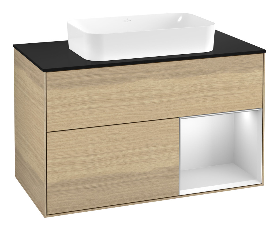 Тумба под раковину Villeroy & Boch Finion 100х50,1 см с подсветкой МДФ шпон дуба/стекло черное матовое G662MTPC