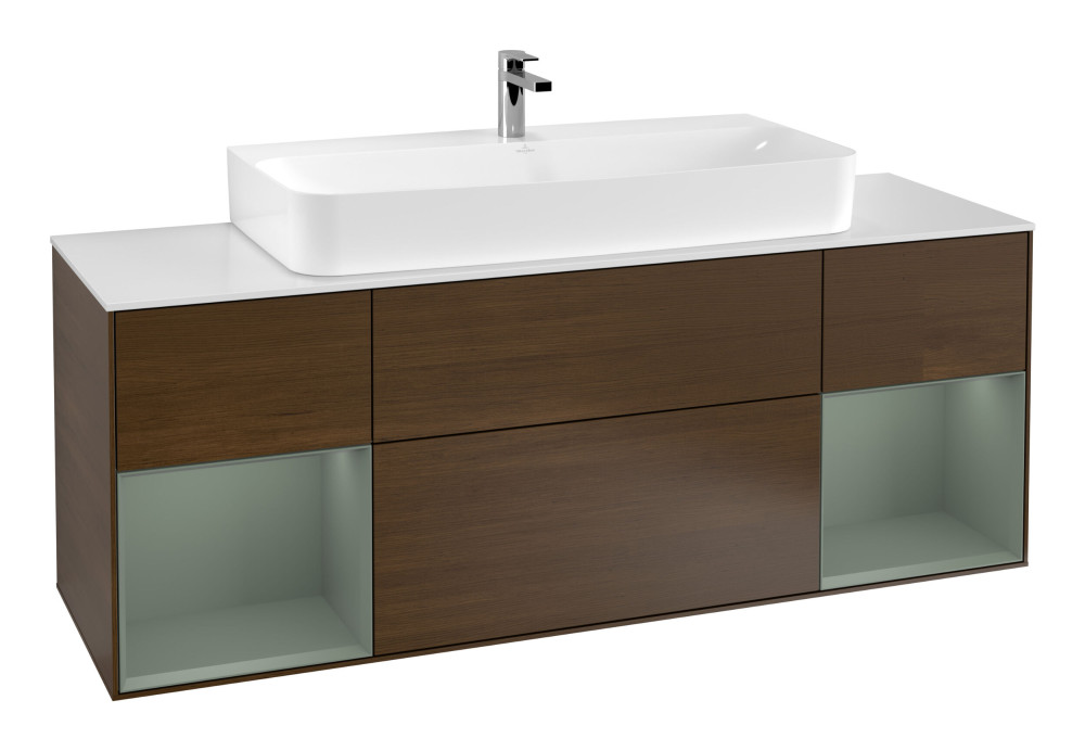 Тумба под раковину Villeroy & Boch Finion 160х50,1 см с подсветкой МДФ шпон грецкого ореха/стекло белое матовое G211GMGN