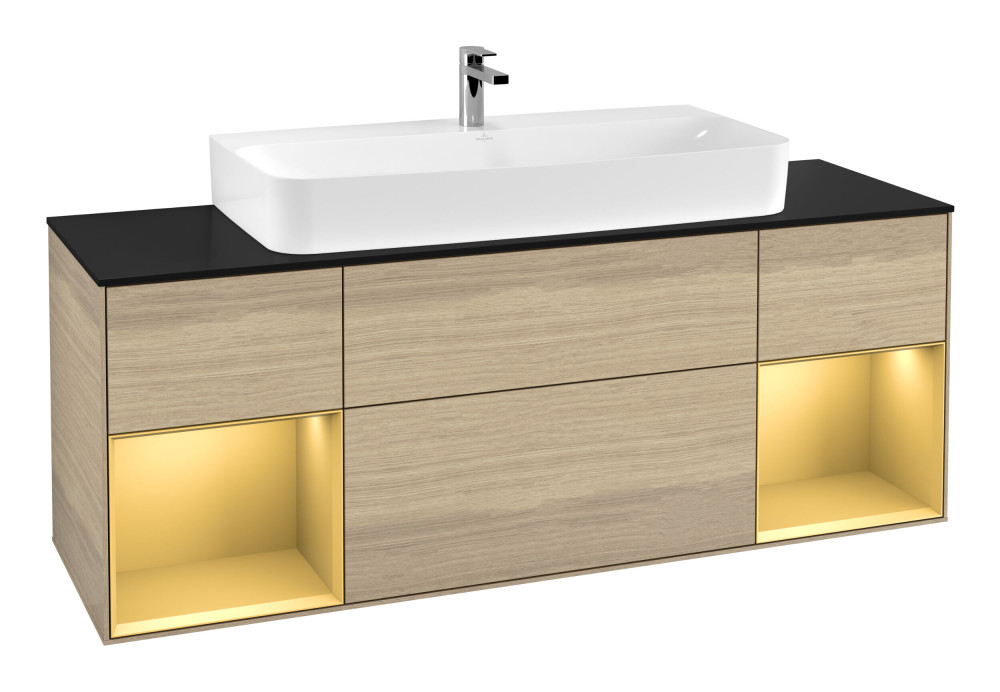 Тумба под раковину Villeroy & Boch Finion 160х50,1 см с подсветкой МДФ шпон дуба/стекло черное матовое G212HFPC