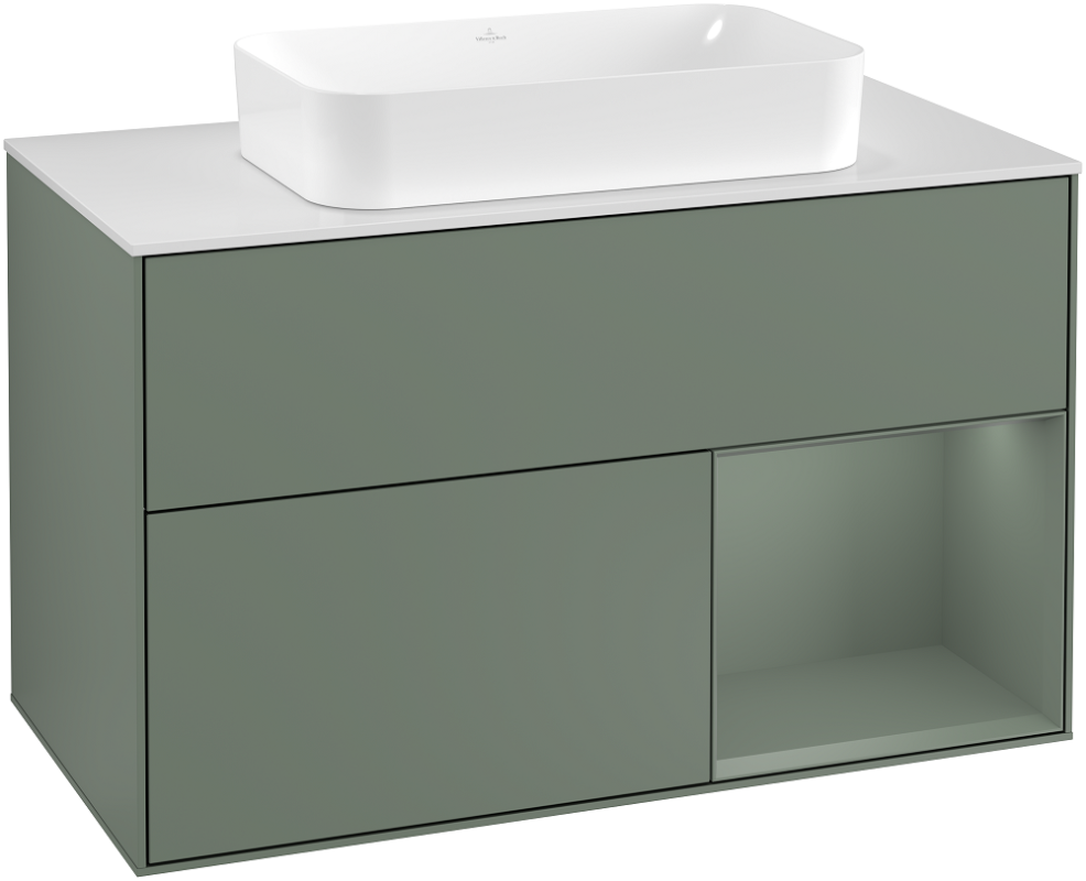  	Тумба під раковину Villeroy & Boch Finion 100х50,1 см із підсвічуванням МДФ оливковий матовий лак/скло біле матове G251GMGM