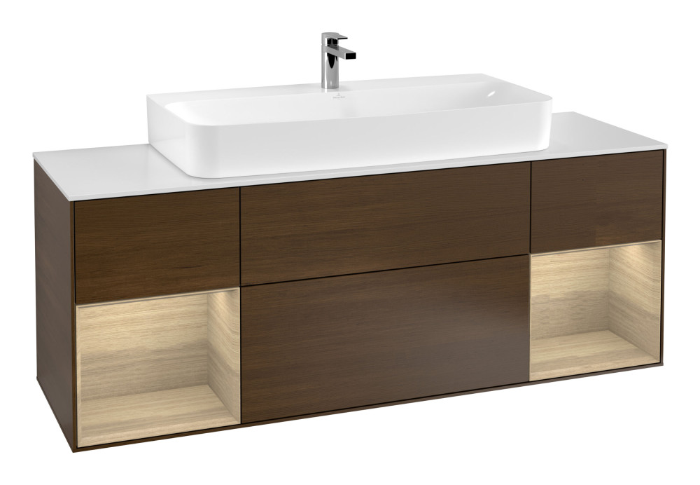 Тумба под раковину Villeroy & Boch Finion 160х50,1 см с подсветкой МДФ шпон грецкого ореха/стекло белое матовое G211PCGN