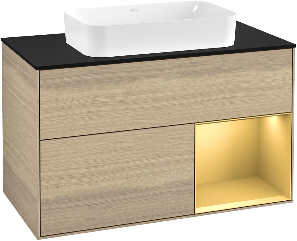 Тумба під раковину Villeroy & Boch Finion 100х50,1 см із підсвічуванням МДФ шпон дуба/скло чорне матове G252HFPC