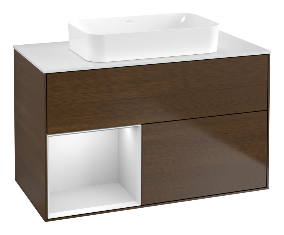 Тумба под раковину Villeroy & Boch Finion 100х50,1 см с подсветкой МДФ шпон грецкого ореха/стекло белое матовое F651MTGN