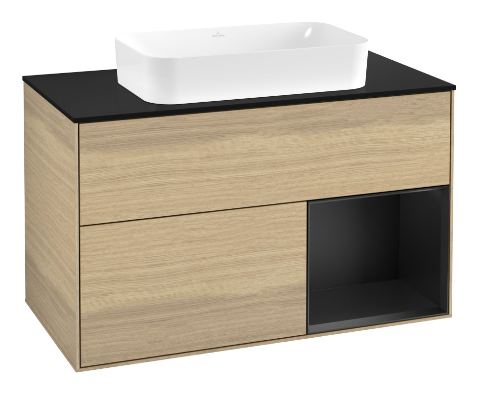 Тумба під раковину Villeroy & Boch Finion 100х50,1 см із підсвічуванням МДФ шпон дуба/скло чорне матове G662PDPC
