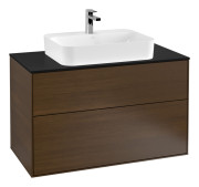 Тумба под раковину Villeroy & Boch Finion 100х50,1 см с подсветкой ДСП шпон грецкого ореха/стекло черное матовое G35200GN