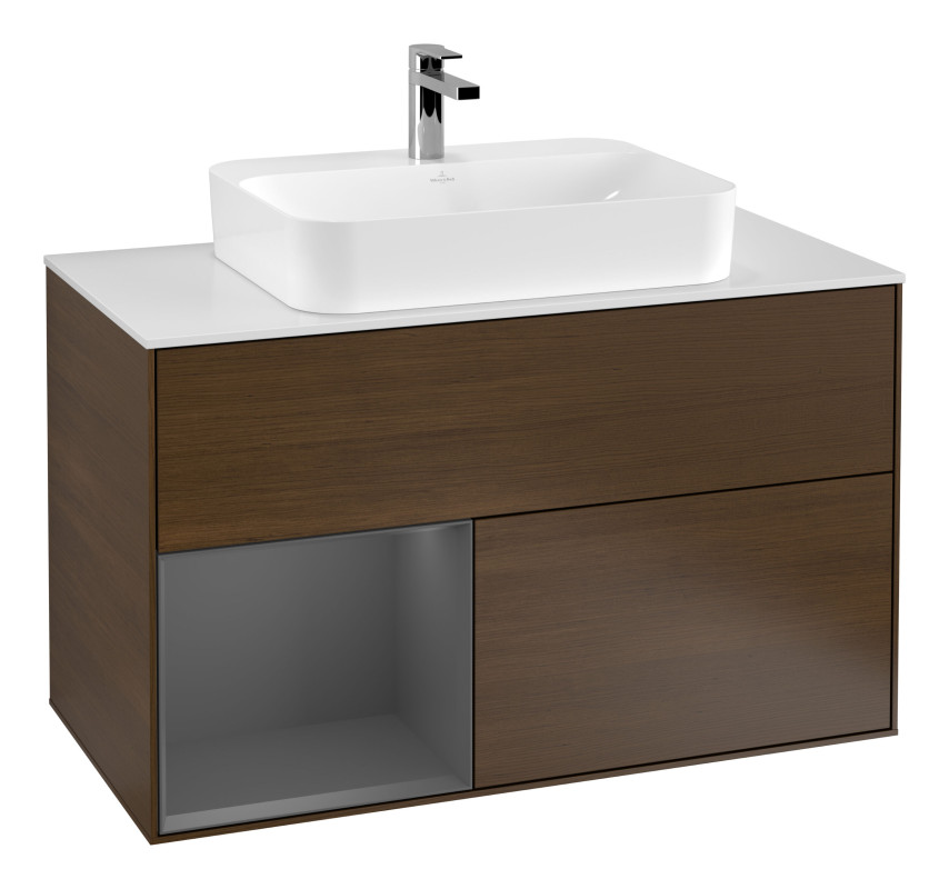 Тумба под раковину Villeroy & Boch Finion 100х50,1 см с подсветкой МДФ шпон грецкого ореха/стекло белое матовое F361GKGN