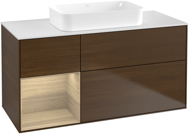 Тумба под раковину Villeroy & Boch Finion 120х50,1 см с подсветкой МДФ шпон грецкого ореха/стекло белое матовое F701PCGN