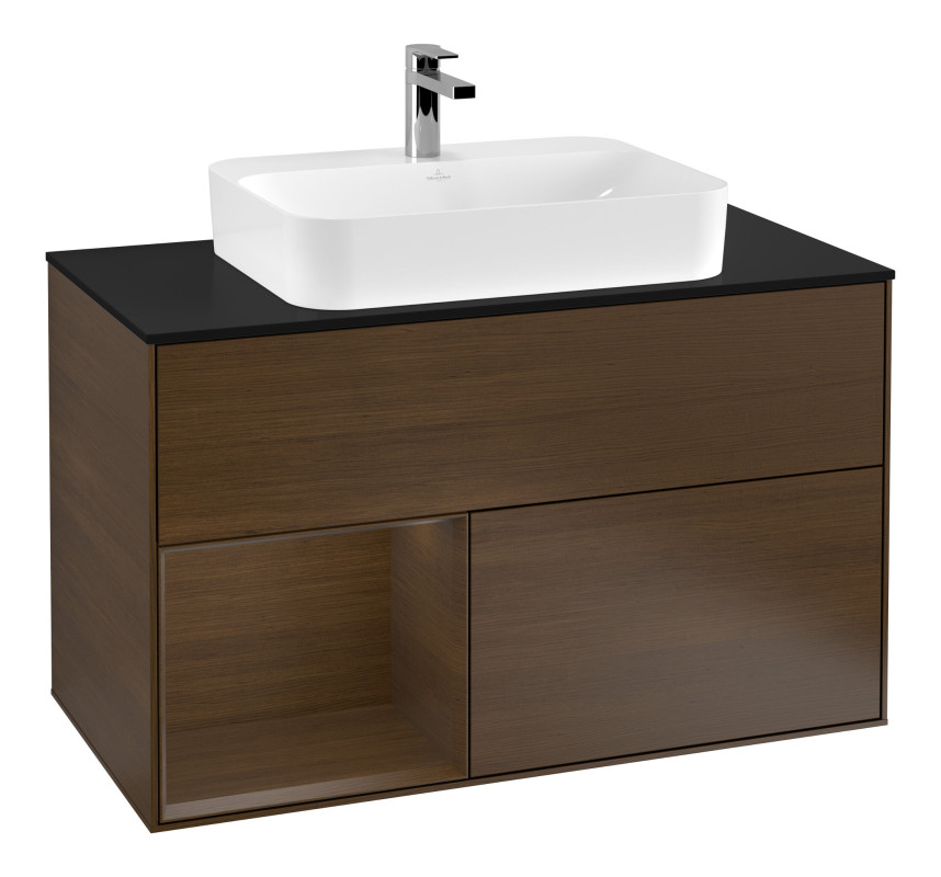 Тумба под раковину Villeroy & Boch Finion 100х50,1 см с подсветкой МДФ шпон грецкого ореха/стекло черное матовое F362GNGN