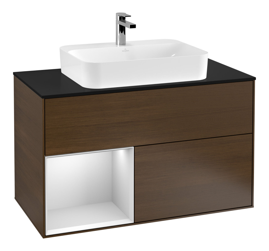 Тумба под раковину Villeroy & Boch Finion 100х50,1 см с подсветкой МДФ шпон грецкого ореха/стекло черное матовое F362MTGN