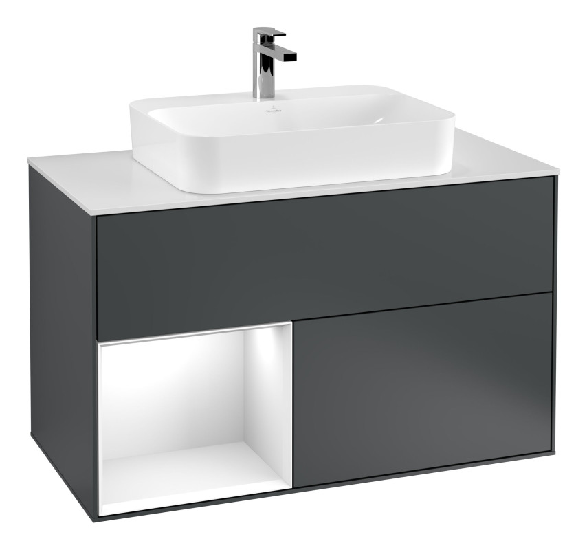 Тумба під раковину Villeroy & Boch Finion 100х50,1 см із підсвічуванням МДФ темно-синій матовий лак/скло біле матове F361GFHG