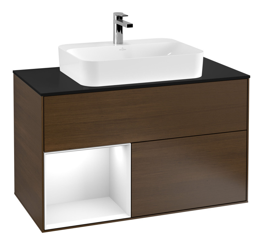 Тумба под раковину Villeroy & Boch Finion 100х50,1 см с подсветкой МДФ шпон грецкого ореха/стекло черное матовое F362GFGN