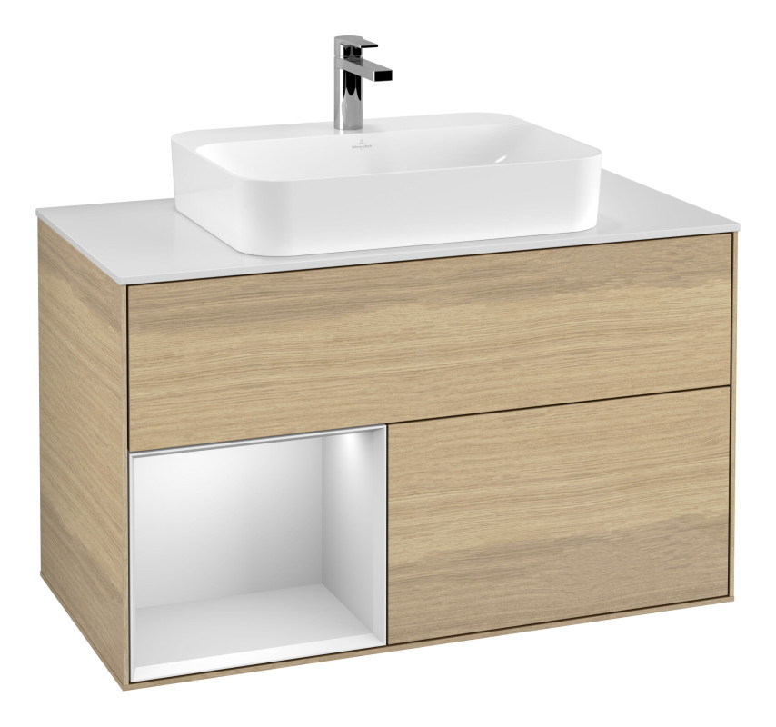 Тумба под раковину Villeroy & Boch Finion 100х50,1 см с подсветкой МДФ шпон дуба/стекло белое матовое F361MTPC