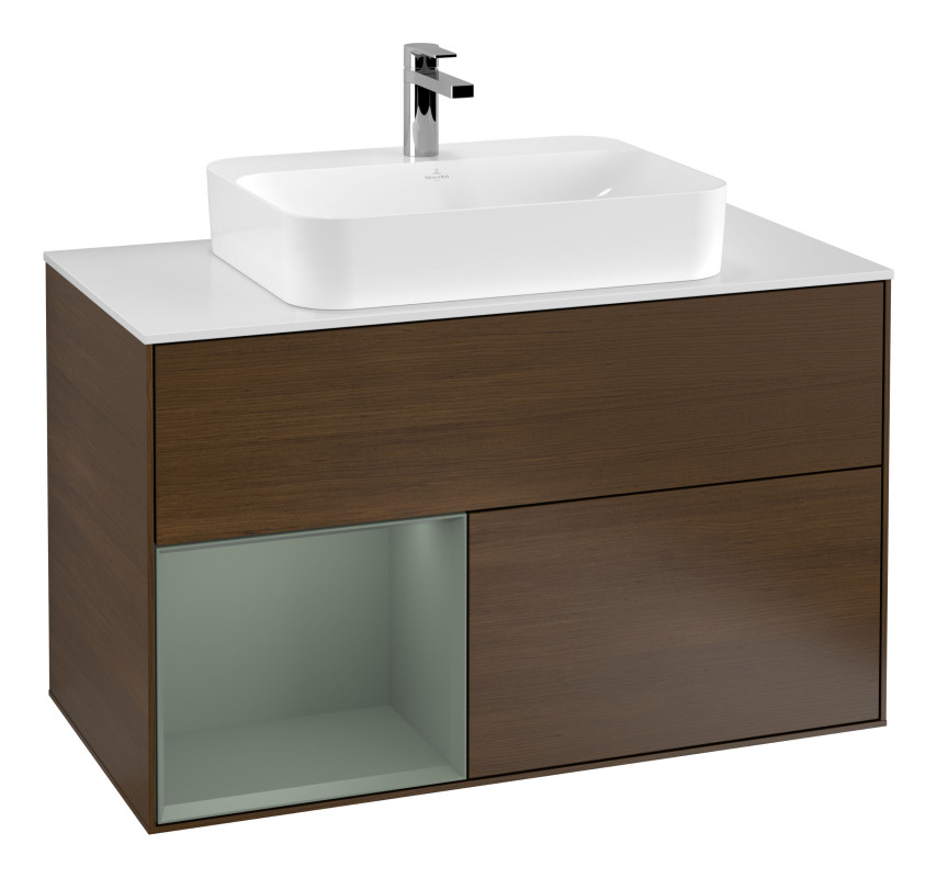 Тумба под раковину Villeroy & Boch Finion 100х50,1 см с подсветкой МДФ шпон грецкого ореха/стекло белое матовое F361GMGN