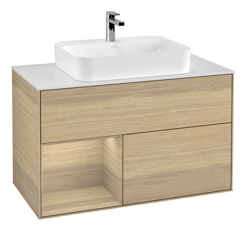 Тумба под раковину Villeroy & Boch Finion 100х50,1 см с подсветкой МДФ шпон дуба/стекло белое матовое F361PCPC