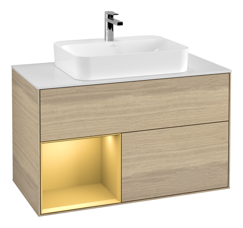 Тумба під раковину Villeroy & Boch Finion 100х50,1 см із підсвічуванням МДФ шпон дуба/скло біле матове F361HFPC