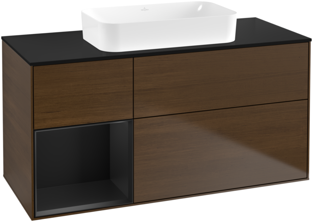 Тумба під раковину Villeroy & Boch Finion 120х50,1 см з підсвічуванням МДФ шпон волоського горіха/скло чорне матове G702PDGN