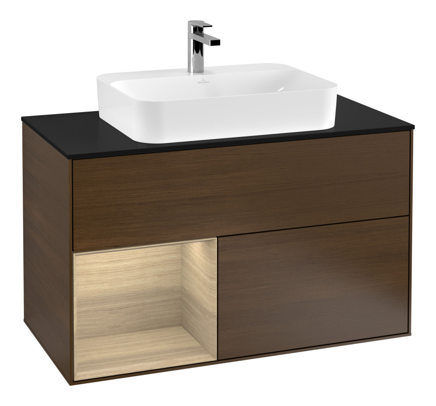 Тумба под раковину Villeroy & Boch Finion 100х50,1 см с подсветкой МДФ шпон грецкого ореха/стекло черное матовое F362PCGN