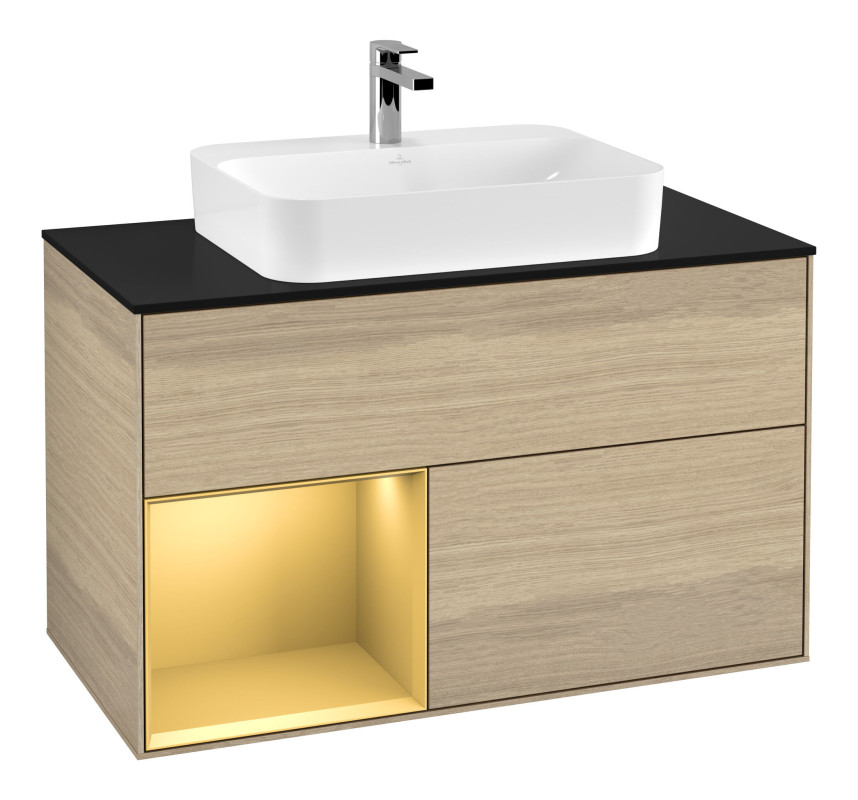 Тумба под раковину Villeroy & Boch Finion 100х50,1 см с подсветкой МДФ шпон дуба/стекло черное матовое F362HFPC