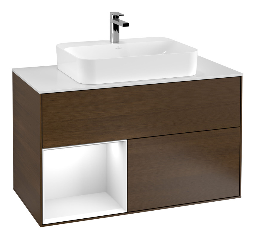 Тумба під раковину Villeroy & Boch Finion 100х50,1 см із підсвічуванням МДФ шпон волоського горіха/скло біле матове G361GFGN