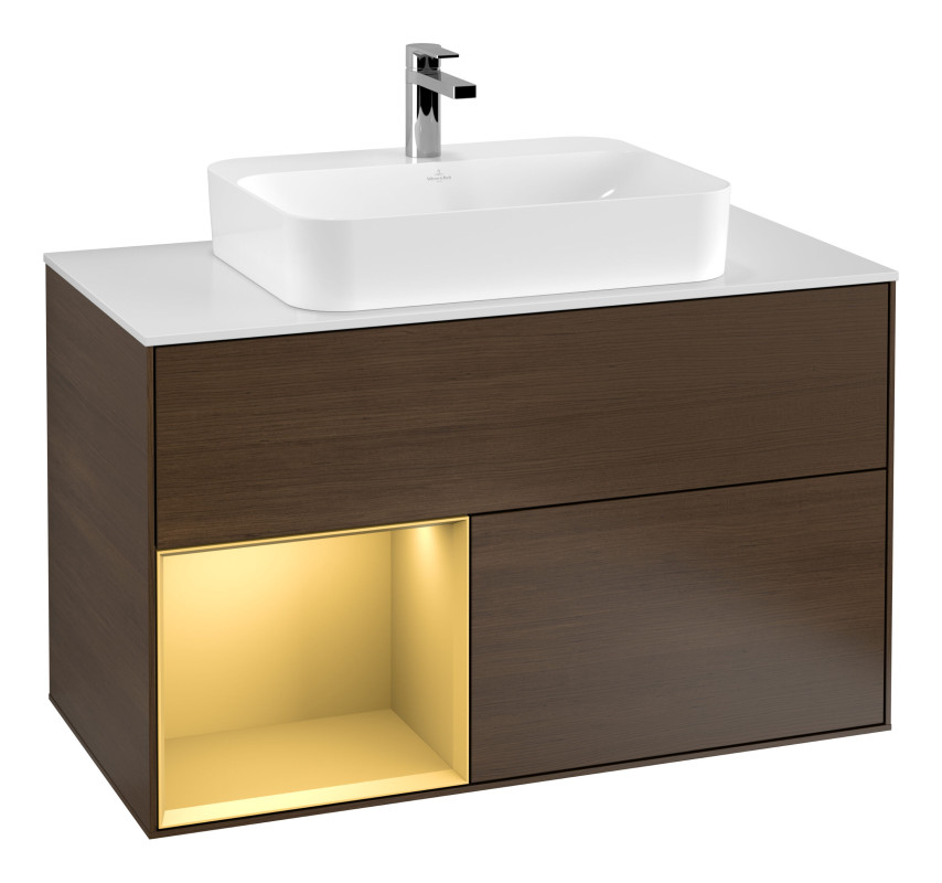 Тумба под раковину Villeroy & Boch Finion 100х50,1 см с подсветкой МДФ шпон грецкого ореха/стекло белое матовое G361HFGN