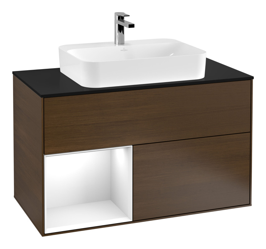 Тумба под раковину Villeroy & Boch Finion 100х50,1 см с подсветкой МДФ шпон грецкого ореха/стекло черное матовое G362GFGN