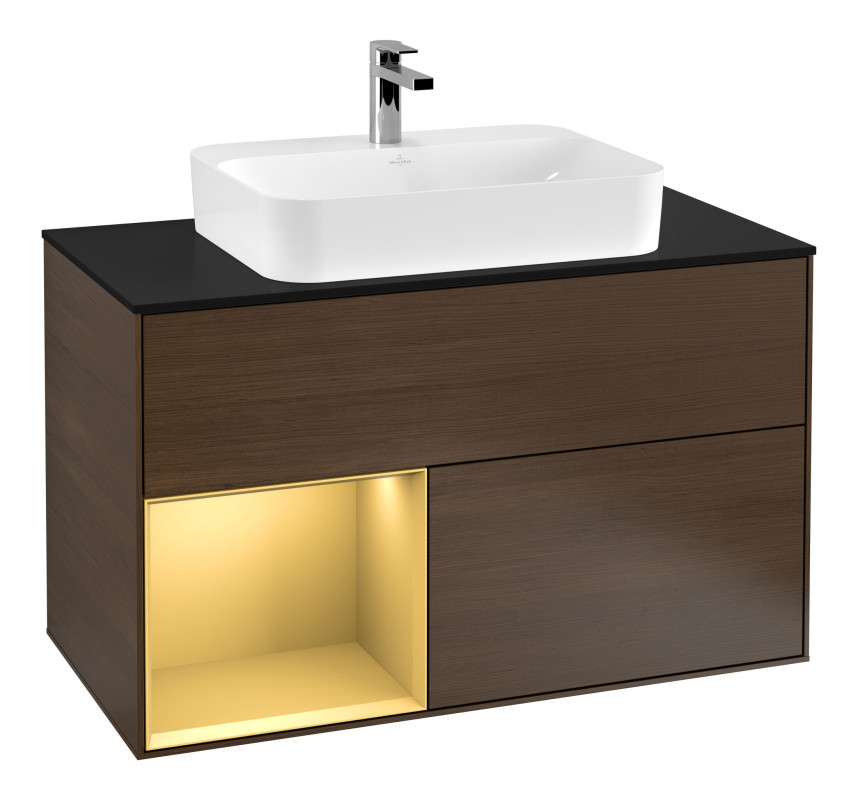 Тумба под раковину Villeroy & Boch Finion 100х50,1 см с подсветкой МДФ шпон грецкого ореха/стекло черное матовое G362HFGN