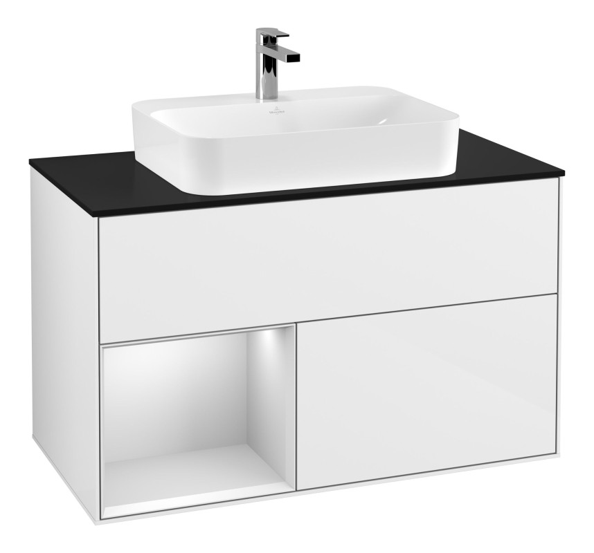 Тумба под раковину Villeroy & Boch Finion 100х50,1 см с подсветкой МДФ глянцевый белый лак/стекло черное матовое G362MTGF