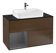 Тумба под раковину Villeroy & Boch Finion 100х50,1 см с подсветкой МДФ шпон грецкого ореха/стекло черное матовое G362GKGN