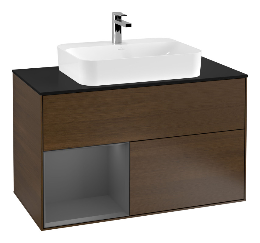 Тумба под раковину Villeroy & Boch Finion 100х50,1 см с подсветкой МДФ шпон грецкого ореха/стекло черное матовое G362GKGN