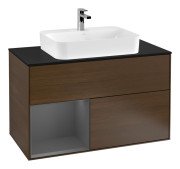 Тумба під раковину Villeroy & Boch Finion 100х50,1 см із підсвічуванням МДФ шпон волоського горіха/скло чорне матове G362GKGN