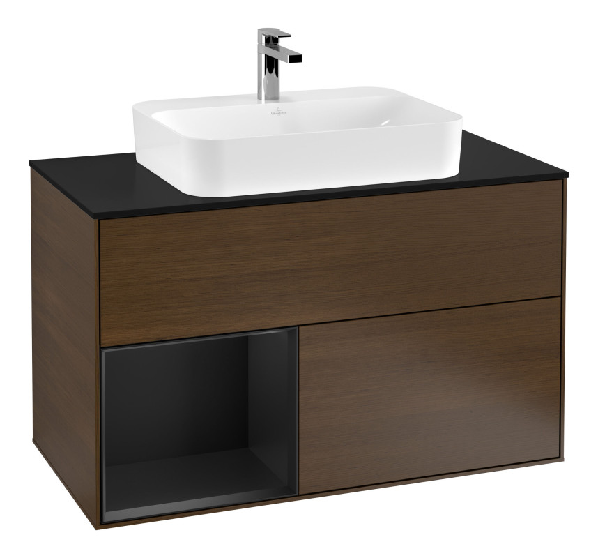 Тумба под раковину Villeroy & Boch Finion 100х50,1 см с подсветкой МДФ шпон грецкого ореха/стекло черное матовое G362PDGN