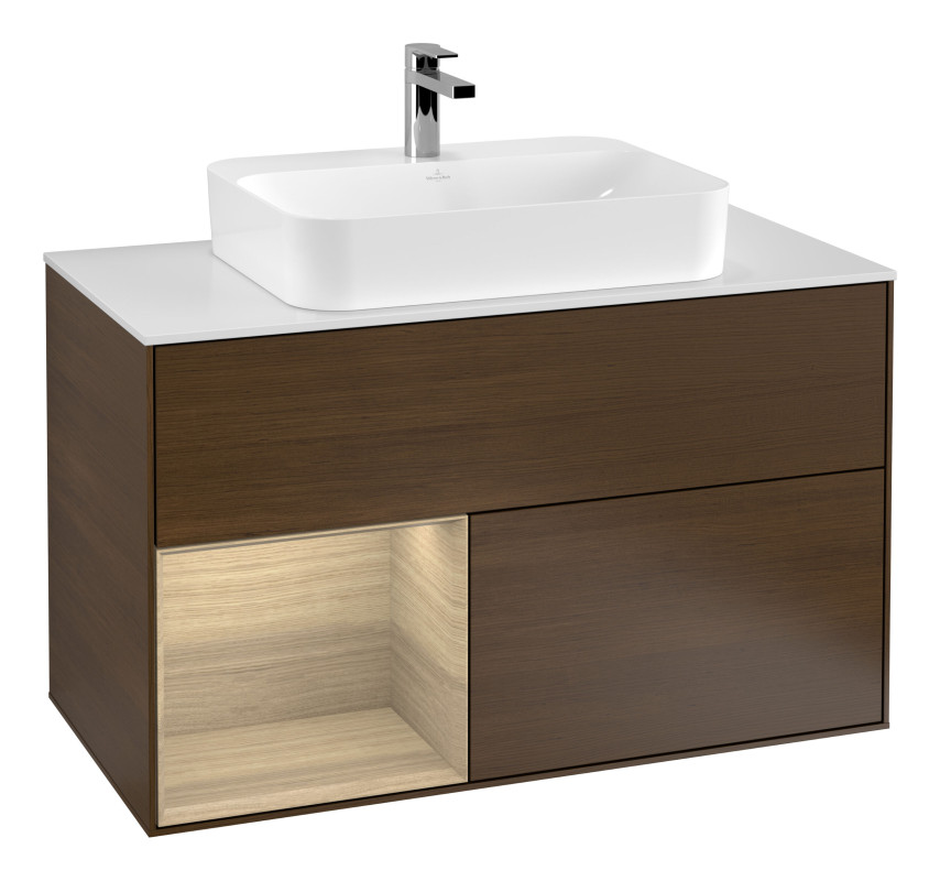 Тумба под раковину Villeroy & Boch Finion 100х50,1 см с подсветкой МДФ шпон грецкого ореха/стекло белое матовое G361PCGN