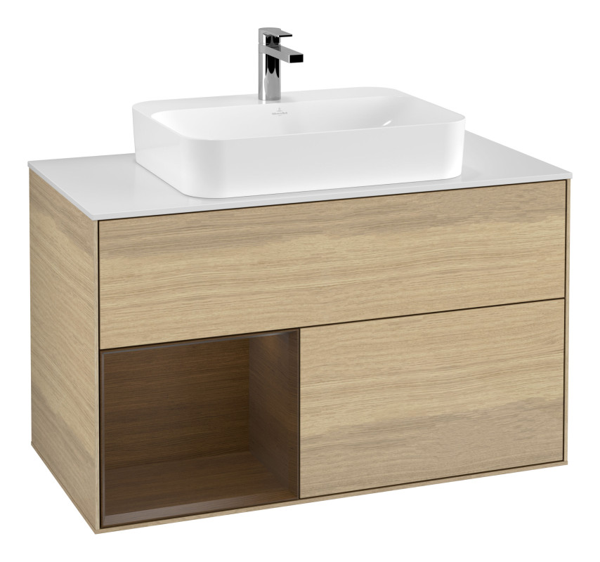 Тумба під раковину Villeroy & Boch Finion 100х50,1 см із підсвічуванням МДФ шпон дуба/скло біле матове G361GNPC