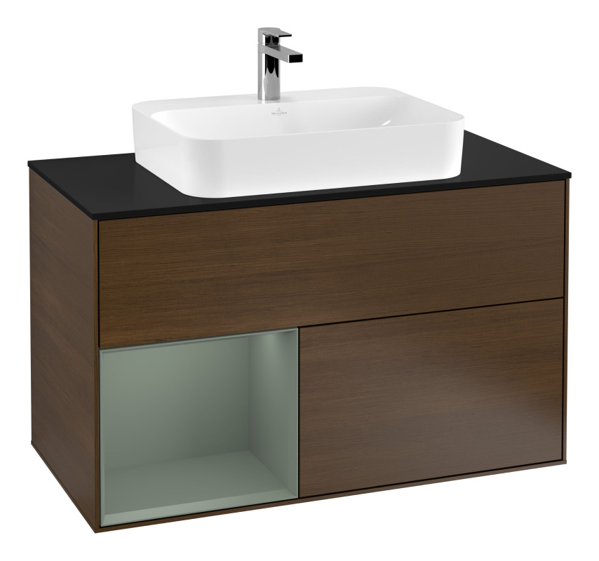 Тумба под раковину Villeroy & Boch Finion 100х50,1 см с подсветкой МДФ шпон грецкого ореха/стекло черное матовое G362GMGN