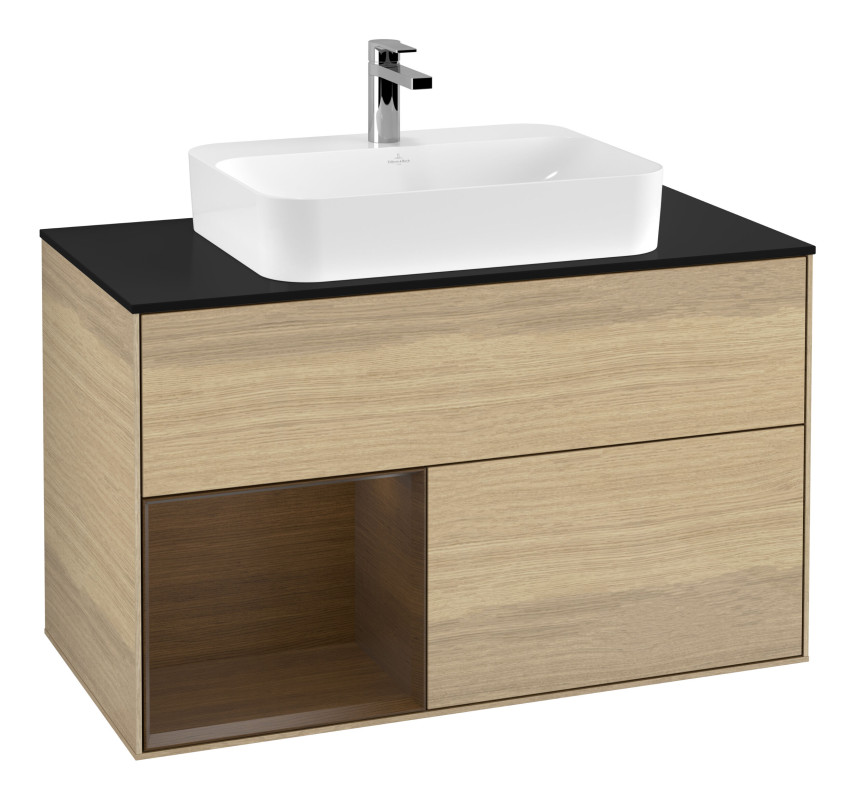 Тумба под раковину Villeroy & Boch Finion 100х50,1 см с подсветкой МДФ шпон дуба/стекло черное матовое G362GNPC