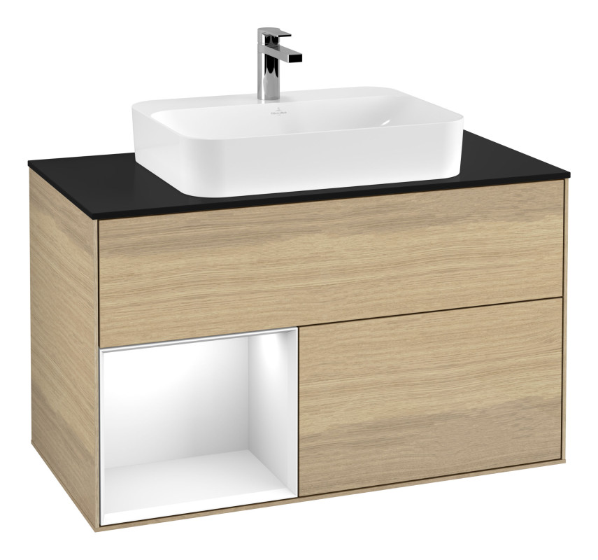 Тумба под раковину Villeroy & Boch Finion 100х50,1 см с подсветкой МДФ шпон дуба/стекло черное матовое G362GFPC