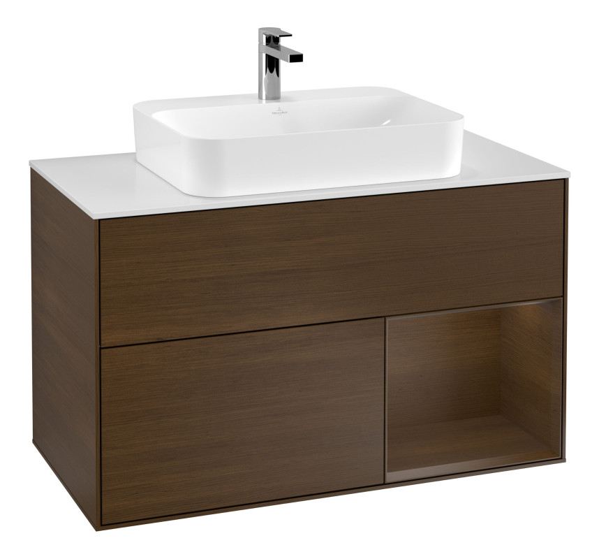 Тумба под раковину Villeroy & Boch Finion 100х50,1 см с подсветкой МДФ шпон грецкого ореха/стекло белое матовое F371GNGN