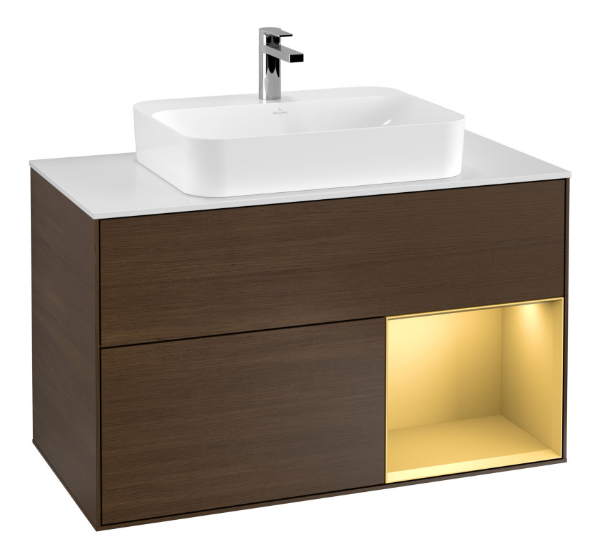 Тумба под раковину Villeroy & Boch Finion 100х50,1 см с подсветкой МДФ шпон грецкого ореха/стекло белое матовое F371HFGN