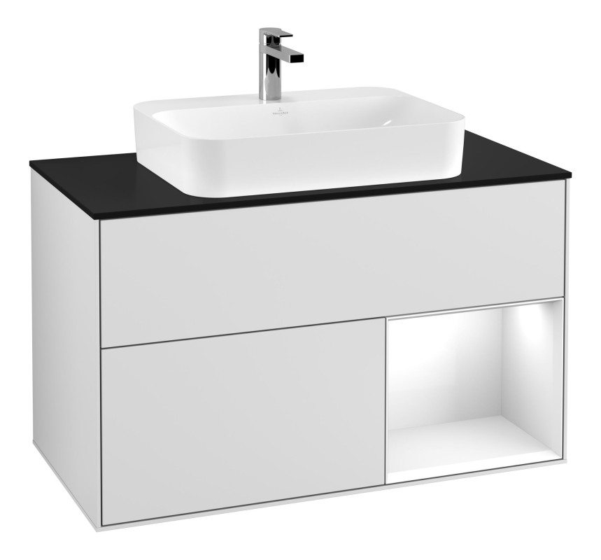 Тумба под раковину Villeroy & Boch Finion 100х50,1 см с подсветкой МДФ белый матовый лак/стекло черное матовое F372GFMT