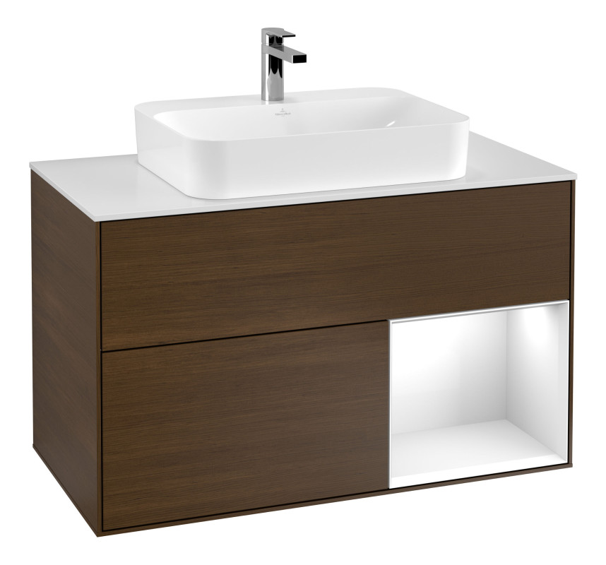 Тумба под раковину Villeroy & Boch Finion 100х50,1 см с подсветкой МДФ шпон грецкого ореха/стекло белое матовое F371GFGN