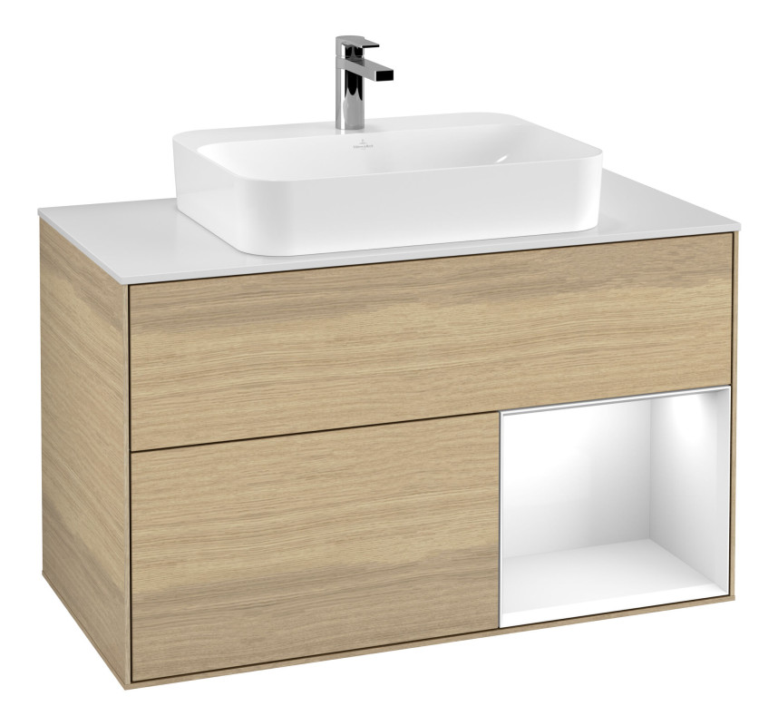 Тумба под раковину Villeroy & Boch Finion 100х50,1 см с подсветкой МДФ шпон дуба/стекло белое матовое F371GFPC