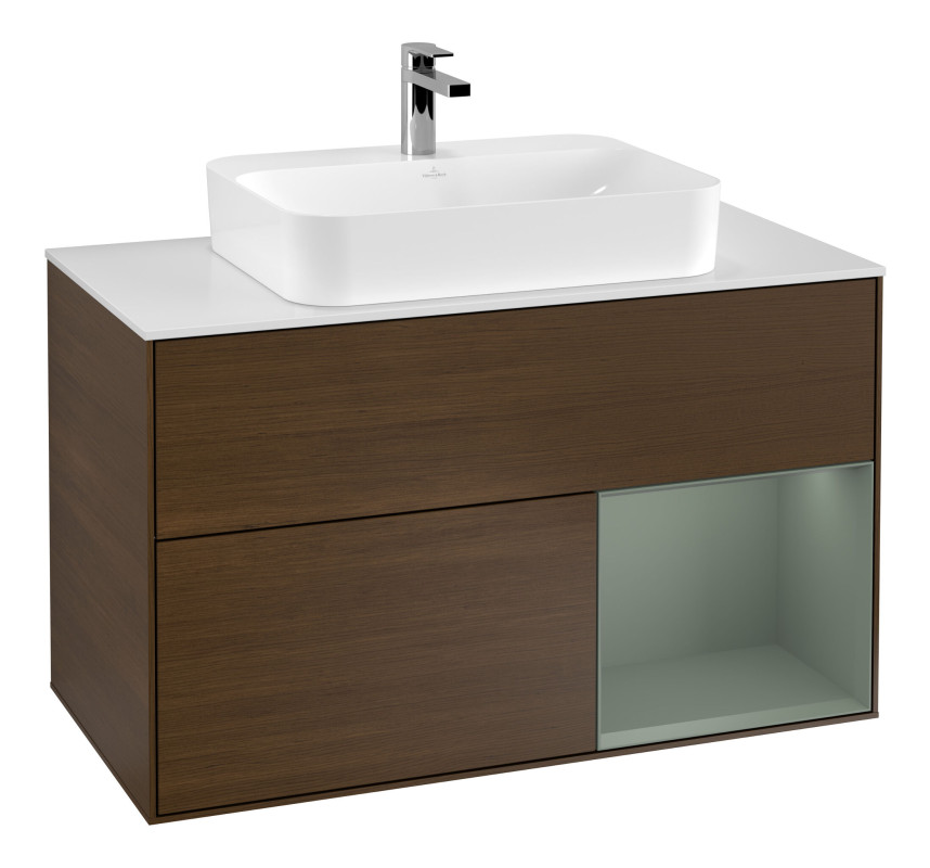 Тумба под раковину Villeroy & Boch Finion 100х50,1 см с подсветкой МДФ шпон грецкого ореха/стекло белое матовое F371GMGN