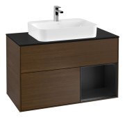 Тумба под раковину Villeroy & Boch Finion 100х50,1 см с подсветкой МДФ шпон грецкого ореха/стекло черное матовое F372PDGN