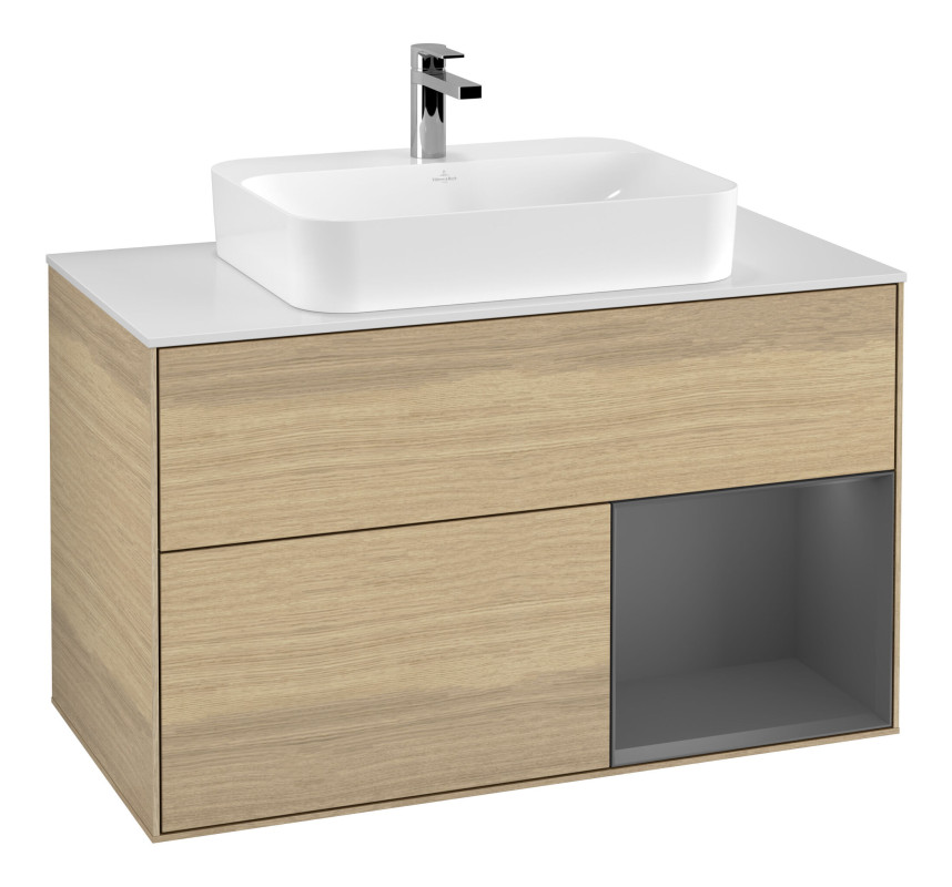 Тумба під раковину Villeroy & Boch Finion 100х50,1 см із підсвічуванням МДФ шпон дуба/скло біле матове F371GKPC